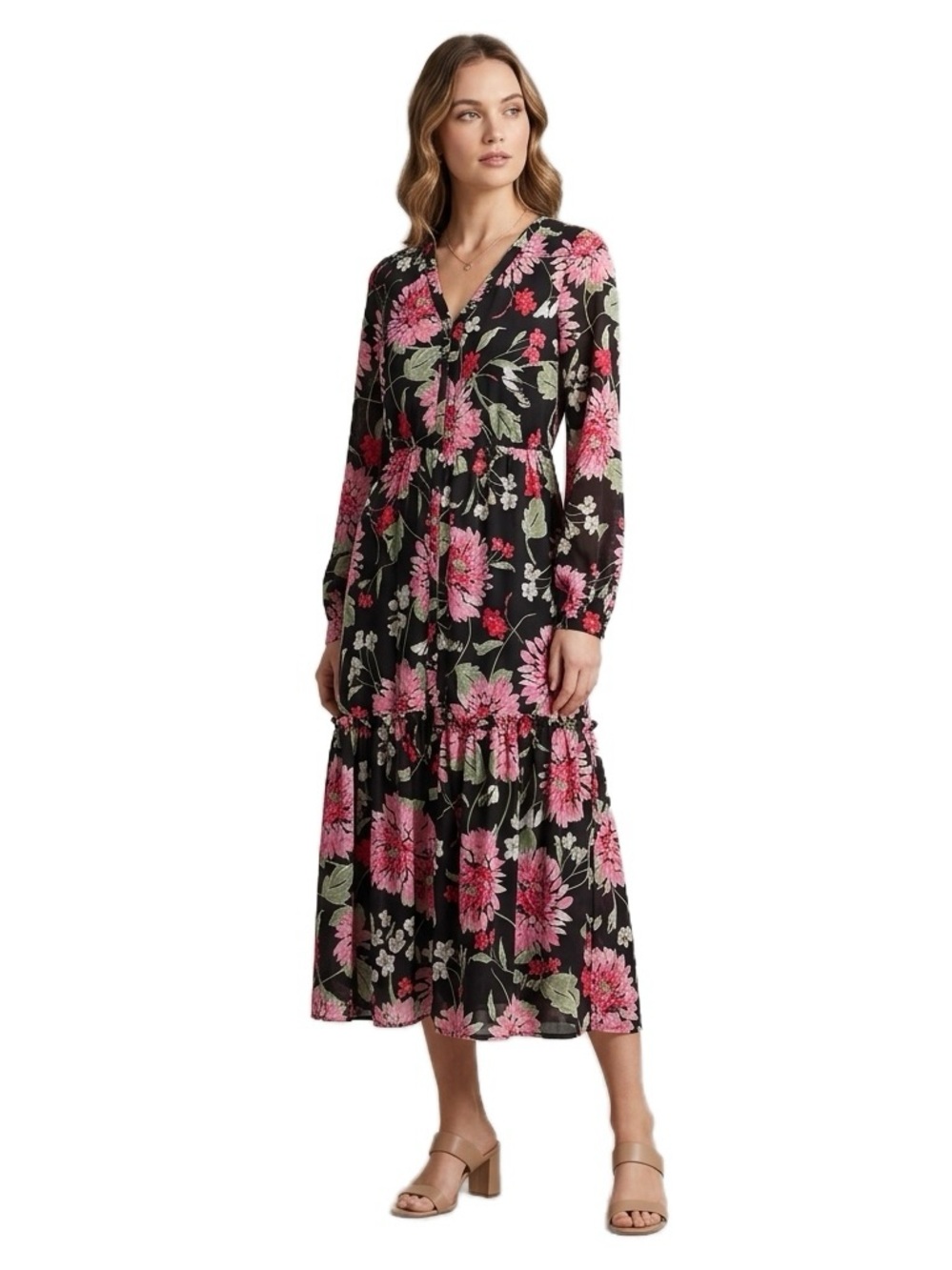 Draper James Black Floral V-Neck Tiered Midi Dress